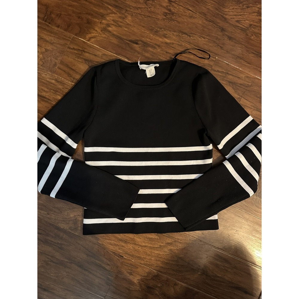 Happily Grey Sweater Crop Top Shirt Black White Stripe Lightweight Size Large